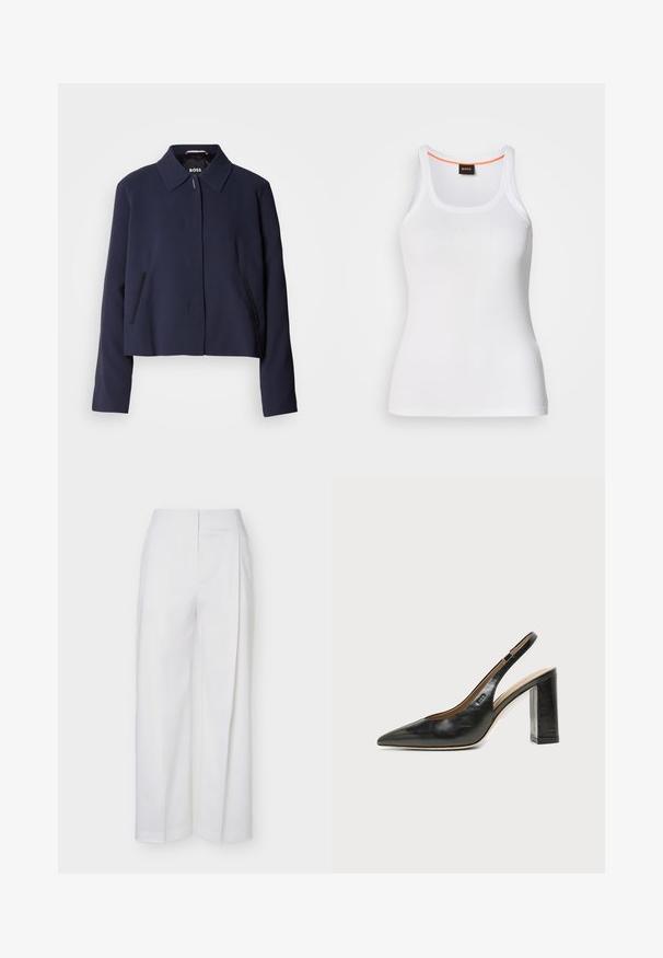 Navyblauwe cropped jas met een puntige kraag, een sluiting met knopen aan de voorkant, zijzakken en een gladde stofafwerking. Logo zichtbaar aan de binnenkant.; Wit geribd tanktop met een ronde hals, voorzien van een smal bandjesontwerp en een oranje accent langs de binnenkant van de halslijn. Merkembleem zichtbaar.; Witte high-waist brede broek met zoomdetails en een verborgen sluiting aan de voorkant, weergegeven op een effen achtergrond.; Zwarte leren slingback schoen met spits toelopend neusje, hoge blokhak en beige binnenvoering tegen een effen lichte achtergrond.
