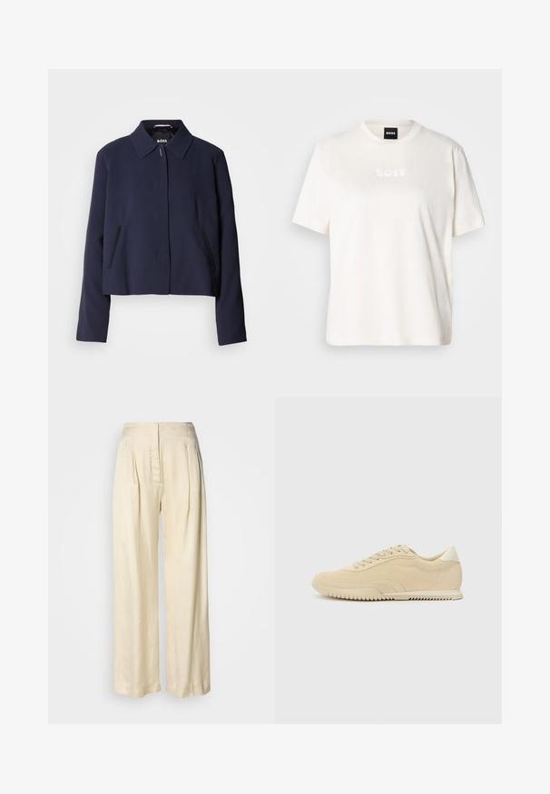 Marineblaues cropped Jacket mit spitzem Kragen, vorderem Knopfverschluss, seitlichen Taschen und glatter Stoffoberfläche. Logo innen sichtbar.; Weißes Baumwoll-T-Shirt mit Rundhalsausschnitt, kurzen Ärmeln und einem geprägten "BOSS"-Logo auf der Brust. Weiche Textur und entspannte Passform.; Hohe Taille, cremefarbene Seidenhose mit Falten, weitem Bein und einem versteckten Reißverschluss vorne vor schlichtem weißem Hintergrund.; Beige Wildleder Sneaker mit Schnürdesign, strukturiertem Obermaterial, kontrastierender Gummisohle und einem leichten Absatz. Minimalistischer Stil mit dezentem Branding.