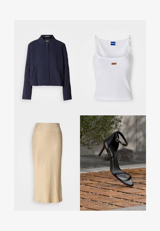 Navyblauwe cropped jas met een puntige kraag, een sluiting met knopen aan de voorkant, zijzakken en een gladde stofafwerking. Logo zichtbaar aan de binnenkant.; Witte geribde tanktop met verstelbare bandjes, voorzien van een blauw logo label en een klein bruin label, gemaakt van een zachte, rekbare stof.; Beige satijnen midi rok met een gladde, glanzende textuur. Aansluitend taille met een uitlopende zoom, met een minimalistisch ontwerp en zonder zichtbare patronen.; Zwarte hoge hak sandaal met enkelbandje zweeft boven een houten tegelvloer buiten, met een onscherpe groene en stenen achtergrond.