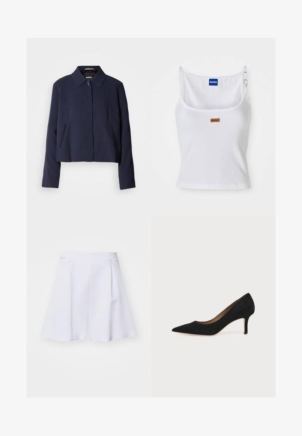 Marineblå cropped jakke med spidse kraver, frontlukning med knapper, sidelommer og en glat stoffinish. Logo vist indeni.; Hvid ribbet tanktop med justerbare stropper, der har et blåt logo-label og et lille brunt tag, fremstillet af blødt, strækbart materiale.; Hvide skræddersyede shorts med høj talje, læg og en glat tekstur, der tilbyder en struktureret, moderne silhuet.; Sort ruskind spids tå højhælet pumpe med en slank mellemhøj stilethæl og et lavt snit på en ensfarvet baggrund.
