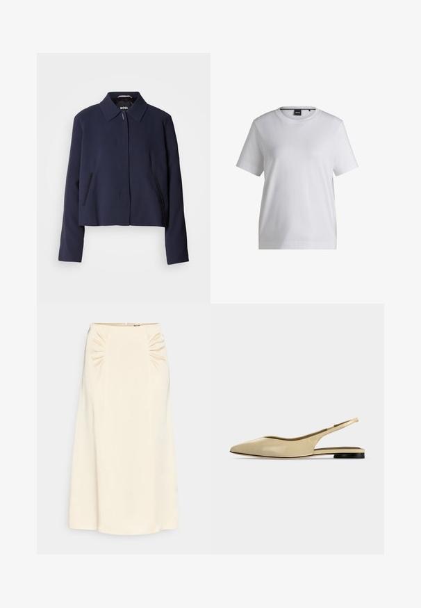 Marineblaues cropped Jacket mit spitzem Kragen, vorderem Knopfverschluss, seitlichen Taschen und glatter Stoffoberfläche. Logo innen sichtbar.; Weißes Baumwoll-T-Shirt mit rundem Halsausschnitt, kurzen Ärmeln und bequemer Passform. Mit einem kleinen Markenschild nahe dem Kragen.; Cremefarbene Midirock mit gerafften Details an der Taille und einer glatten, geschmeidigen Textur. Verfügt über einen seitlichen Reißverschluss zum Schließen.; Beiger Slingback-Ballerina mit spitzer Kappe, niedrigem schwarzem Absatz und glattem Lederfinish, seitlich auf einfarbigem Hintergrund gezeigt.