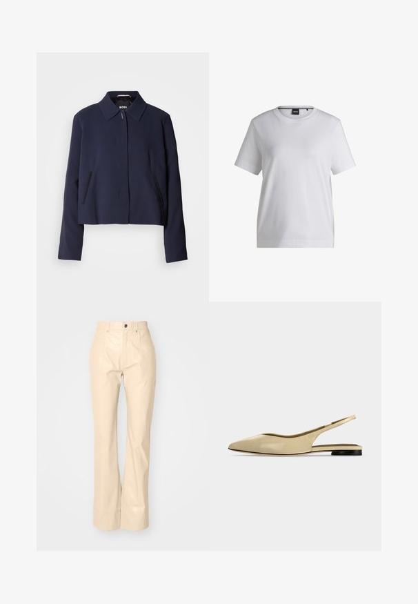 Marineblå cropped jakke med spidse kraver, frontlukning med knapper, sidelommer og en glat stoffinish. Logo vist indeni.; Hvid bomulds t-shirt med rund halsudskæring, korte ærmer og en afslappet pasform. Har et lille mærke nær kraven.; Beige faux læder fløjsbukser med en glat overflade, der har frontlommer, knaplukning og en subtil shiny finish.; Beige spids tå slingback flad sko med lav sort hæl og en glat læderfinish, vist fra siden på en ensfarvet baggrund.