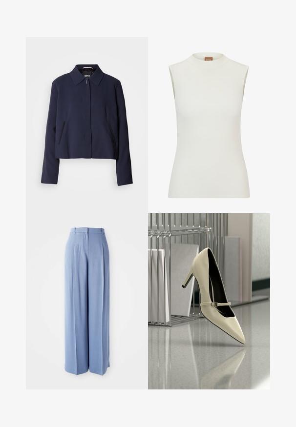 Marineblaues cropped Jacket mit spitzem Kragen, vorderem Knopfverschluss, seitlichen Taschen und glatter Stoffoberfläche. Logo innen sichtbar.; Weißes, ärmelloses Oberteil mit hohem Kragen, das eine gerippte Textur und eine figurbetonte Passform aufweist. Das Markenlabel "BOSS" ist am Kragen sichtbar.; Hellblaue weit geschnittene Hosen mit einer glatten Textur, ausgestattet mit Falten und Gürtelschlaufen an der Taille, die für einen lockeren Sitz konzipiert sind.; Cremefarbener High-Heel mit einem dünnen Riemen, auf einem reflektierenden Boden nahe einem Metall-Aktenorganizer mit Papieren platziert.