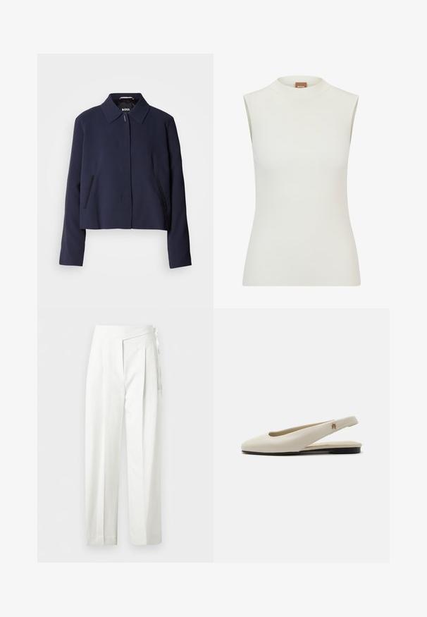 Marineblaues cropped Jacket mit spitzem Kragen, vorderem Knopfverschluss, seitlichen Taschen und glatter Stoffoberfläche. Logo innen sichtbar.; Weißes, ärmelloses Oberteil mit hohem Kragen, das eine gerippte Textur und eine figurbetonte Passform aufweist. Das Markenlabel "BOSS" ist am Kragen sichtbar.; Weiße Hose mit hoher Taille, Falten und seitlicher Bindung, mit geradem Bein und verdecktem Verschluss.; cremefarbiger Lederslingback-Flachschuh mit rundem Zehenbereich und kleinem goldfarbenem Emblem am Riemen.