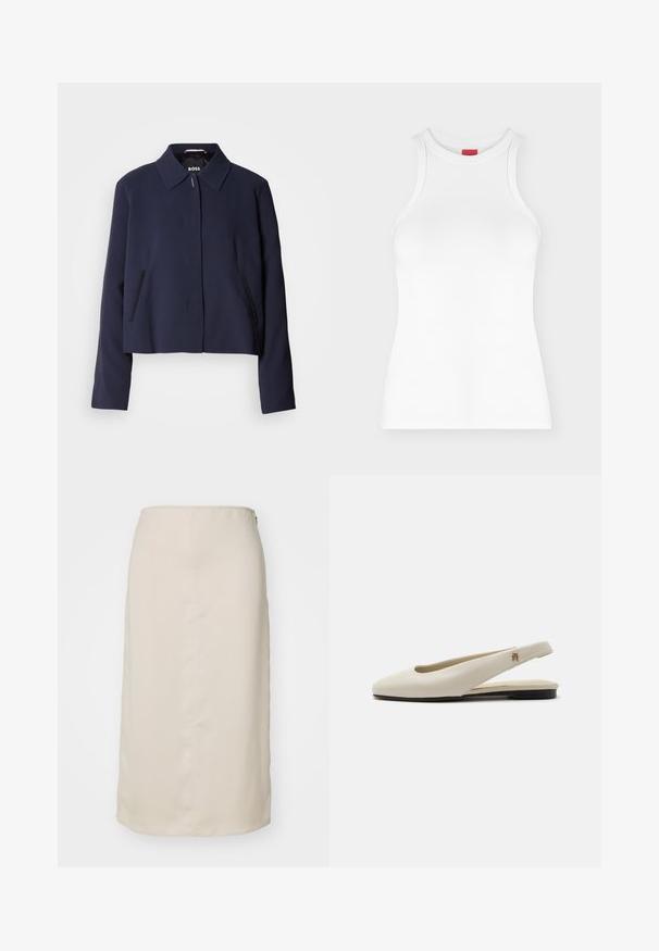 Marineblaues cropped Jacket mit spitzem Kragen, vorderem Knopfverschluss, seitlichen Taschen und glatter Stoffoberfläche. Logo innen sichtbar.; Weißes ärmelloses, geripptes Tanktop mit hohem Rundhalsausschnitt und figurbetonter Form, abgebildet auf einfachem hellem Hintergrund.; Beige Bleistiftrock mit glatter Textur, knielanger Schnitt und einem verdeckten Reißverschluss auf der Rückseite zur Verschluss. Minimalistischer Stil, keine Muster.; cremefarbiger Lederslingback-Flachschuh mit rundem Zehenbereich und kleinem goldfarbenem Emblem am Riemen.