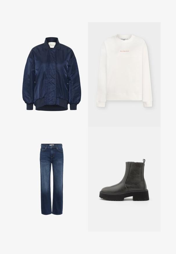 Chaqueta bomber de marina, tejido brillante, puños y dobladillo acanalados, cierre frontal a presión, bolsillos laterales, detalle acolchado en el cuerpo.; Sudadera blanca de cuello redondo con mangas largas, puños y dobladillo acanalados, con un pequeño texto rojo "Marc O'Polo Denim" centrado en el pecho.; Vaqueros de mezclilla azul de corte recto con botón frontal, cremallera, trabillas para cinturón y ligero desgaste en los muslos y las rodillas.; Botas negras hasta el tobillo con un upper sintético suave, paneles laterales elásticos, una lengüeta y una suela de goma gruesa.