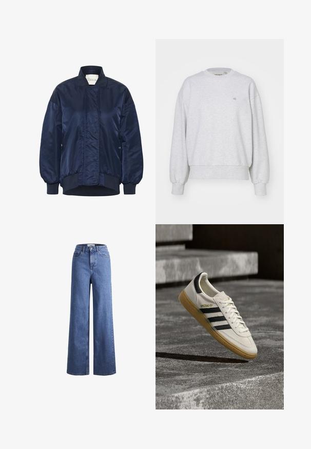 Marine bomberjack, glanzende stof, ribgebreide manchetten en zoom, voorste drukknoopsluiting, zijzakken, geborduurde details op het lichaam.; Carhartt WIP CASEY - Sweater - ash heather/silver; Lichtblauwe denim wijde jeans met een hoge taille, twee voorzakken en zichtbare stiksels. Voorzien van een knoop- en ritssluiting.; Witte Adidas Spezial sneaker met zwarte strepen en gumzool, zwevend boven grijze stenen trappen buiten.