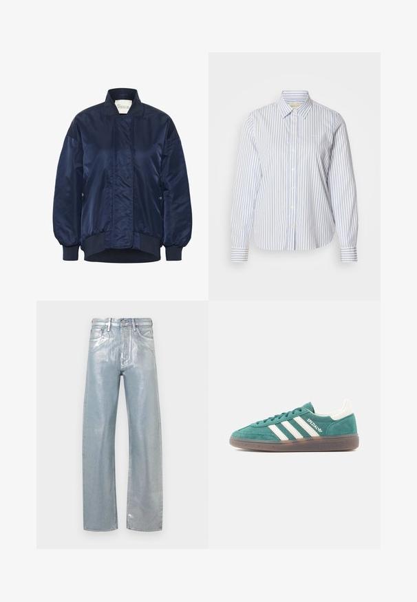 Chaqueta bomber de marina, tejido brillante, puños y dobladillo acanalados, cierre frontal a presión, bolsillos laterales, detalle acolchado en el cuerpo.; Camisa de rayas azules y blancas con botones, cuello clásico, mangas largas y dobladillo recto. La tela tiene una textura suave.; Vaqueros metálicos de pierna recta color azul claro con bolsillos delanteros, trabillas para cinturón y cierre con botón sobre un fondo liso.; Zapatilla de ante verde con detalles de cuero blanco y tres rayas blancas. Cuenta con una suela de goma y un collarín acolchado para mayor confort.