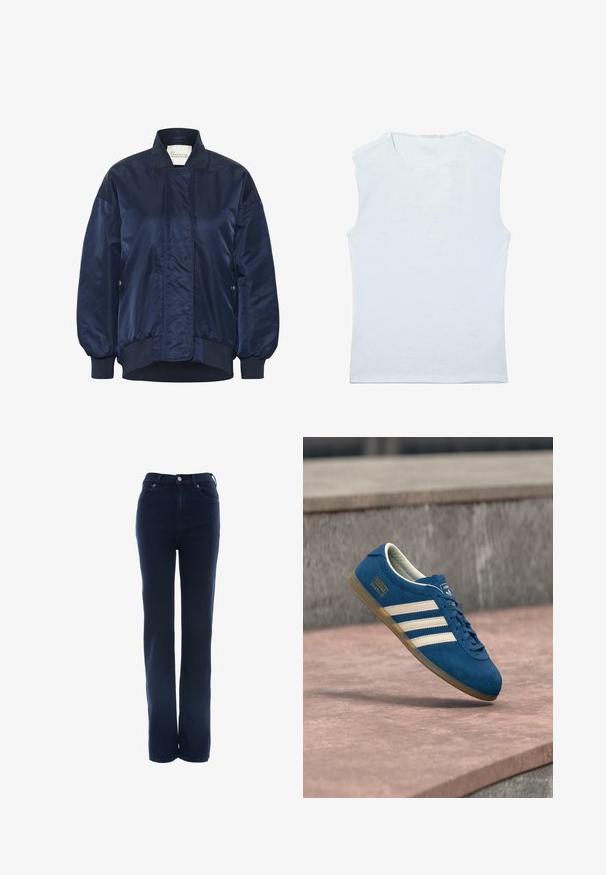Marine bomberjack, glanzende stof, ribgebreide manchetten en zoom, voorste drukknoopsluiting, zijzakken, geborduurde details op het lichaam.; Mouwloos wit katoenen singletje met ronde hals en een eenvoudig, effen ontwerp.; Donkerblauwe high-waisted jeans met een recht gesneden ontwerp, gemaakt van denim, met een sluiting van een frontknop en rits, en twee frontzakken.; Blauwe suède sneaker met crèmekleurige strepen en veters, zool van gumrubber, gestructureerd oppervlak, afgeronde neus en merkopdruk aan de zijkant.