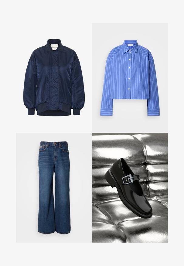 Chaqueta bomber de marina, tejido brillante, puños y dobladillo acanalados, cierre frontal a presión, bolsillos laterales, detalle acolchado en el cuerpo.; Camisa azul recortada con rayas blancas verticales, cuello clásico, mangas largas y botones en el frente; hecha de una tela suave y ligera.; Vaqueros de pierna ancha hechos de denim azul oscuro. Incluyen una cintura alta, cinco bolsillos y costuras en contraste de color naranja a lo largo de las costuras.; Zapato Mary Jane negro de cuero con punta cuadrada, acento de hebilla plateada y un tacón bajo y grueso, colocado sobre un fondo plateado brillante.