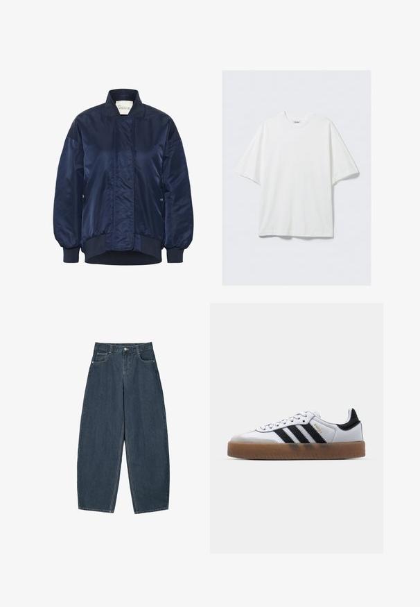 Marine bomberjack, glanzende stof, ribgebreide manchetten en zoom, voorste drukknoopsluiting, zijzakken, geborduurde details op het lichaam.; Wit oversized katoenen T-shirt met korte mouwen, ronde hals en een klein merkembleem aan de binnenkant van de kraag.; Donkerblauwe denim wijde broek met hoge taille, voorzien van vijf zakken en zichtbare stikseldetails. Schoon, minimaal ontwerp.; Witte leren sneakers met zwarte strepen, gumrubberen buitenzool, ronde neus, vetersluiting en een zachte grijze suède neuskap.