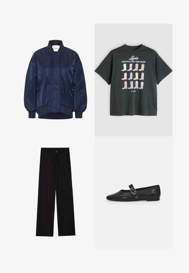 Marine bomberjack, glanzende stof, ribgebreide manchetten en zoom, voorste drukknoopsluiting, zijzakken, geborduurde details op het lichaam.; Zwart T-shirt met korte mouwen met een afbeelding van kleurrijke cowboylaarzen. Daarboven staat de tekst "Levi's More Than a Well Worn Legend".; Zwarte wijde broek van een gladde stof, met zijzakken en een knoopsluiting bij de taille. Minimalistisch ontwerp zonder patronen.; Zwarte leren platte schoen met een ronde neus, een enkele verstelbare gespsluiting en een gladde, glanzende textuur. Minimalistisch ontwerp met een lage hak.