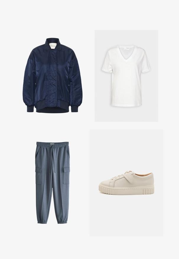 Marine bomberjack, glanzende stof, ribgebreide manchetten en zoom, voorste drukknoopsluiting, zijzakken, geborduurde details op het lichaam.; Wit T-shirt met korte mouwen en V-hals met een eenvoudig ontwerp, getoond op een effen achtergrond.; Grijze joggingbroek met elastische tailleband, trekkoord, zijzakken, cargozakken en elastische boorden.; Witte leren sneaker met een gestructureerde teentop, gestikte details en een geribbelde rubberen zool. Inclusief een merklabel aan de zijkant.