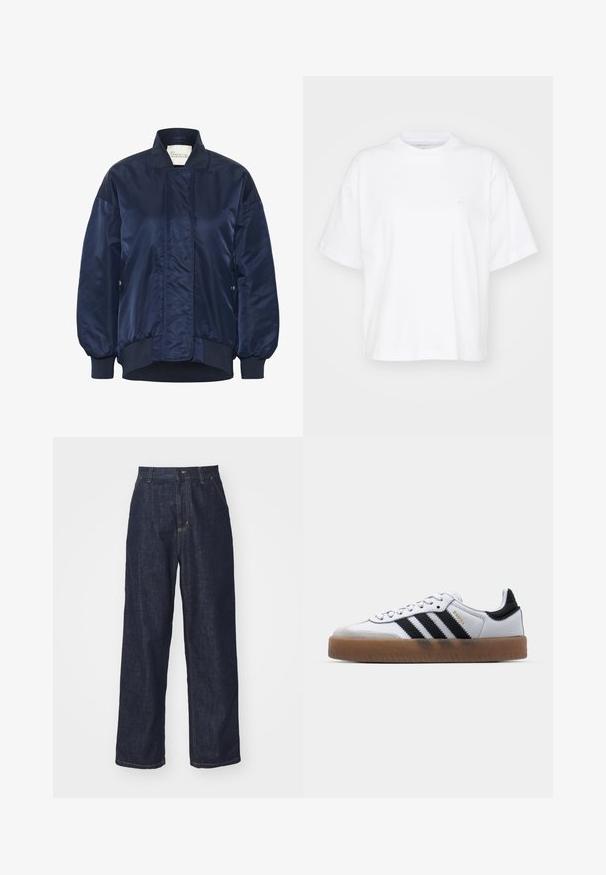 Marine bomberjack, glanzende stof, ribgebreide manchetten en zoom, voorste drukknoopsluiting, zijzakken, geborduurde details op het lichaam.; Witte katoenen t-shirt met een ronde hals, korte mouwen en een ontspannen pasvorm. Heeft een subtiel logo op het linkerborstgedeelte. Zachte textuur.; Donkerblauwe rechtlopende denim jeans met riemlussen, voorknop en zijzakken op een witte achtergrond.; Witte leren sneakers met zwarte strepen, gumrubberen buitenzool, ronde neus, vetersluiting en een zachte grijze suède neuskap.