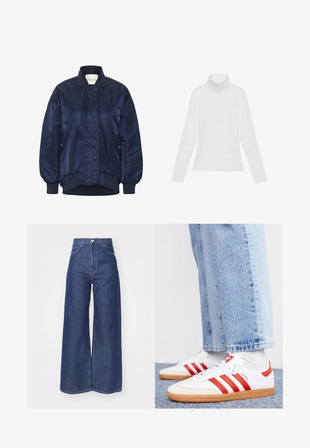 Marine bomberjack, glanzende stof, ribgebreide manchetten en zoom, voorste drukknoopsluiting, zijzakken, geborduurde details op het lichaam.; Witte lange mouw turtleneck top gemaakt van glad, elastisch materiaal. Voorzien van een hoge kraag en een getailleerd ontwerp, zonder zichtbare patronen of versieringen.; Wijd-uitlopende jeans van donkerblauwe denim. Hoge taille met een ritssluiting en knoopsluiting. Bevat klassieke vijf-pocket styling en gezoomde randen.; Witte leren sneakers met rode strepen en accenten. Voorzien van een getextureerde gumrubberen outsole en een gevoerde kraag. Draag ze met lichtblauwe denim.