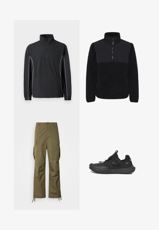 New Balance UTILITY JACKET - Leichte Jacke - black; Schwarze Pulloverjacke mit einem Reißverschlusskragen, die zur Hälfte aus Fleece und zur Hälfte aus glattem Stoff besteht, mit einer weichen Textur und entspannter Passform.; Olivgrüne Cargo-Hosen aus strapazierfähigem Stoff mit geradem Schnitt, Seitentaschen und verstellbaren Knöchelbindungen.; Schwarzer Sportschuh mit Mesh-Einsätzen, gesprenkelter Sohle und Zuglasche an Zunge und Ferse, von der Außenseite gesehen.