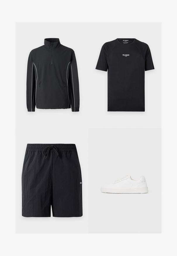 New Balance UTILITY JACKET - Leichte Jacke - black; Schwarzes T-Shirt mit kurzen Ärmeln aus glattem Stoff, ausgestattet mit einem Rundhalsausschnitt und einem weißen "SILENCE"-Logo auf der Brust.; Schwarze Schwimmshorts aus strukturiertem Stoff, mit einem elastischen Bund und Kordelzug sowie einem kleinen Logo an der Seite.; Weißer Sneaker mit einem Obermaterial aus glattem Leder, abgerundetem Zehenbereich, Schnürsenkeln, strukturierten seitlichen Akzenten und einer dicken Gummisohle. Minimalistisches Design.