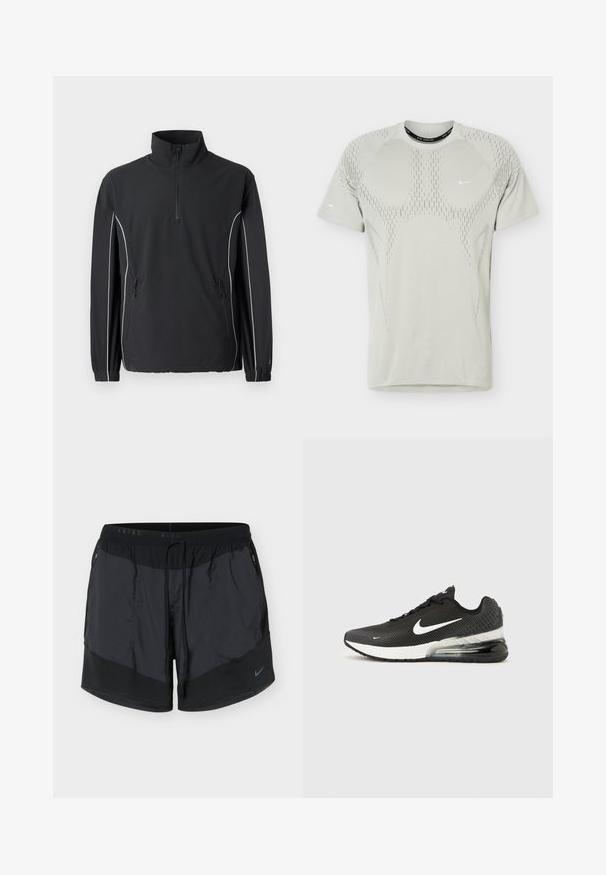 New Balance UTILITY JACKET - Letná bunda - black; Svetlosivé športové tričko s krátkym rukávom s perforovaným vzorom a malými bielymi logami Nike swoosh na hrudi a rukáve.; Čierne bežecké šortky Nike so zipsovými bočnými vreckami a sťahovacím pásom, s malým logom Nike Swoosh na ľavej nohe.; Čierna teniska Nike Air Max 270 s bielym logom Swoosh, bielou medzipodrážkou a viditeľnou vzduchovou vložkou v päte na jednoduchom pozadí.