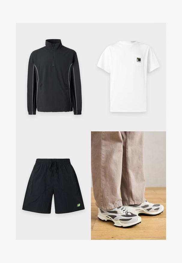 New Balance UTILITY JACKET - Leichte Jacke - black; Weißes Baumwoll-T-Shirt mit kurzen Ärmeln und einer Brusttasche, die ein Berglogo in Schwarz und Gold zeigt. Einfaches, schmuckloses Design.; Schwarze Sportshorts mit elastischem Bund und Kordelzug, versehen mit einem kleinen grünen New Balance-Logo am unteren linken Bein.; Person, der beiger weit geschnittener Hose und grau-weißen Sneakern steht auf einem Holzboden.