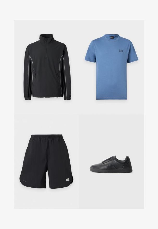 New Balance UTILITY JACKET - Letná bunda - black; Modré tričko s krátkym rukávom a okrúhlym výstrihom, s malým čiernym logom EA7 Emporio Armani na ľavej strane hrudníka a štítkom vo vnútri goliera.; Čierne ležérne šortky s elastickým pásom, malým textom "VENTUS7" na ľavej nohe a nášivkou loga EA7 Emporio Armani na okraji pravej nohy.; Čierne kožené tenisky s hladkým povrchom, zaoblenou špičkou, texturovanou bočnou časťou a čiernymi šnúrkami. Majú plochú gumovú podrážku a minimalistický dizajn.