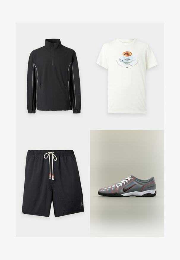 New Balance UTILITY JACKET - Leichte Jacke - black; Weißes T-Shirt mit Grafik einer Kaffeetasse mit der Aufschrift "Café Swoosh", Löffel auf Untertasse und Nike-Logos mit dem Text "Crafted for the sole" und "Nike Sportswear".; Schwarze Badeshorts mit elastischem Bund und weißem Kordelzug mit orangefarbenen und pinkfarbenen Perlen, Jordan-Logo am linken Bein.; Grauer Nike Total 90 III Hallenfußballschuh mit weißen Schnürsenkeln, schwarzer Sohle, roter Naht und schwarzem Swoosh-Logo an der Seite.