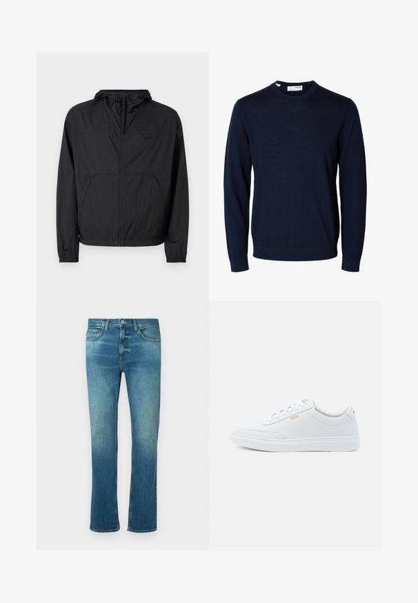 Schwarze leichte Jacke mit Kapuze, voller Reißverschluss, elastischen Bündchen und Seitentaschen. Verfügt über ein dezentes Logo auf der Brust. Strukturierter Stoff.; Marineblauer Langarmpullover mit Rundhalsausschnitt, gerippten Bündchen und Saum, gefertigt aus feinem Strickstoff.; Blaue Jeans aus Denim mit geradem Schnitt, ausgestattet mit einem leichten Verwaschungseffekt, leichten Abnutzungen an den Knien und klassischem Fünf-Taschen-Design.; Weiße Leder-Sneaker mit glatter Textur, runder Zehenpartie und tonal abgestepptem Design. Mit blauen Schnürsenkeln und einem goldenen Logo an der Seite.