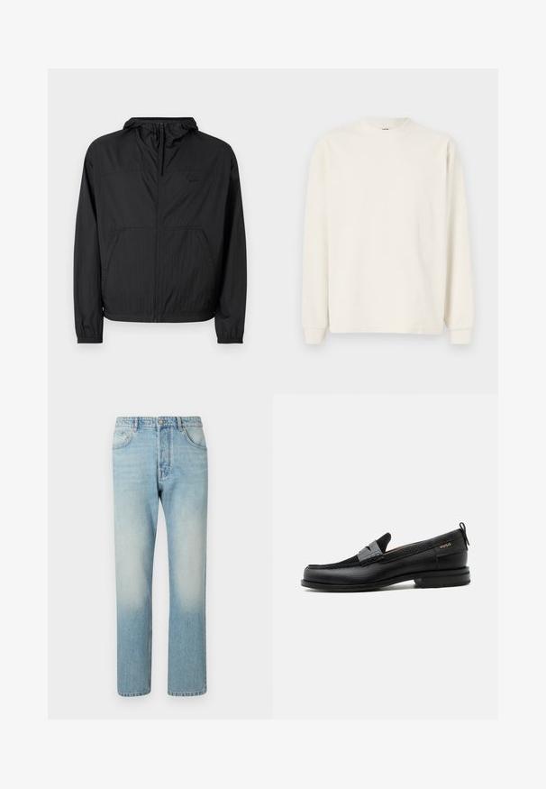 Chaqueta ligera negra con capucha, cremallera completa, puños elásticos y bolsillos laterales. Presenta un logotipo sutil en el pecho. Tejido texturizado.; Top de punto acanalado de manga larga en color blanco roto con cuello redondo y puños ajustados, que presenta una silueta relajada.; Jeans de color azul claro hechos de denim, con un diseño de pierna recta, estructura de cinco bolsillos y efecto de lavado desgastado en los muslos.; Mocasín de cuero negro con detalle de tira gris, tacón bajo y suela texturizada, con la marca "HUGO" en oro en el lateral.