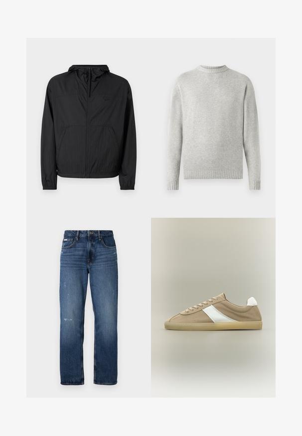 Sort letvægtsjakke med hætte, fuld lynlås, elastiske manchetter og sidelommer. Har et diskret logo på brystet. Tekstureret stof.; Lysegrå sweater lavet af blødt stof, med ribbet rund halsudskæring og ribbede manchetter og kant. Minimalistisk design, lange ærmer.; Blå denim jeans med lige ben design. Har slidte områder og let slitage på forsiden, med en klassisk knaplukning.; Lys brun ruskindssneaker med beige sål, hvid hælkappe, hvid sideliste og snørelukning på neutral baggrund.