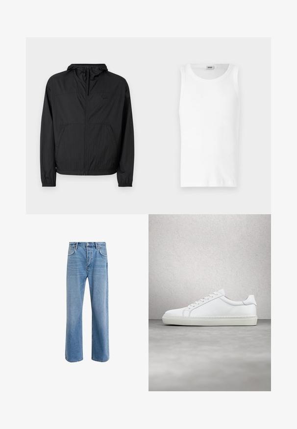 Schwarze leichte Jacke mit Kapuze, voller Reißverschluss, elastischen Bündchen und Seitentaschen. Verfügt über ein dezentes Logo auf der Brust. Strukturierter Stoff.; Weißes Baumwoll-Tanktop ohne Ärmel mit Rundhalsausschnitt und glatter Textur. Einfaches Design, ohne Muster oder Akzente.; Helle blaue Jeans im Geradeschnitt-Design, mit fünf Taschen, Knopfverschluss, minimaler Ausbleichung und kontrastierenden Nähdetails.; Weißer Sneaker mit glattem Lederobermaterial und niedrigem Profil. Verfügt über eine runde Zehenpartie, sechs Ösen und eine strukturierte Gummisohle.