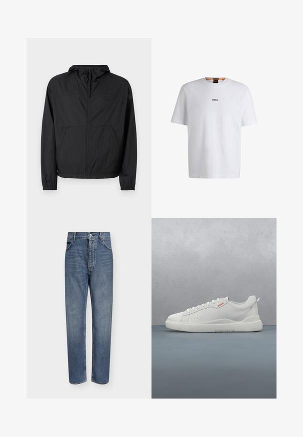 Sort letvægtsjakke med hætte, fuld lynlås, elastiske manchetter og sidelommer. Har et diskret logo på brystet. Tekstureret stof.; Hvid bomuld T-shirt med korte ærmer, med et sort "BOSS" logo centreret på brystet og en rund halsudskæring.; Straight-leg blå denim jeans med høj talje, frontknaplukning og fem-lomme design på en ensartet lys baggrund.; Hvide sneakers med en glat læderfinish, rund tå, fire snørehuller, subtile perforeringer og en rød logo detalje på siden.
