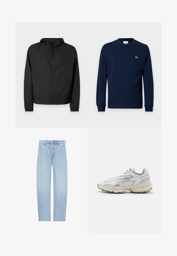Chaqueta ligera negra con capucha, cremallera completa, puños elásticos y bolsillos laterales. Presenta un logotipo sutil en el pecho. Tejido texturizado.; Camiseta de manga larga azul marino hecha de algodón, con cuello redondo y un pequeño logo de cocodrilo verde en el lado izquierdo del pecho.; Vaqueros rectos de talle alto en azul claro con cierre de botón y cremallera, trabillas para cinturón y bolsillos laterales, mostrados planos sobre fondo blanco.; Zapatillas deportivas blancas con detalles en gris, parte superior de malla y sintético, diseño de cordones, y suela de goma texturizada con patrones de tracción.