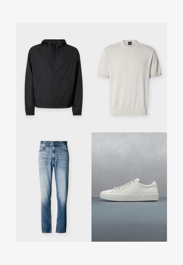 Chaqueta ligera negra con capucha, cremallera completa, puños elásticos y bolsillos laterales. Presenta un logotipo sutil en el pecho. Tejido texturizado.; Suéter beige de manga corta con cuello redondo, dobladillo y puños acanalados, pequeño detalle cuadrado en el pecho izquierdo y etiqueta de marca en el cuello.; Vaqueros azules desgastados de pierna recta con cinco bolsillos, cierre de botón y trabillas para cinturón, mostrados extendidos sobre un fondo blanco.; Zapatilla blanca de cuero con punta redondeada, diseño minimalista, cordones grises y suela de goma texturizada gris. Detalles de costura sutiles visibles.