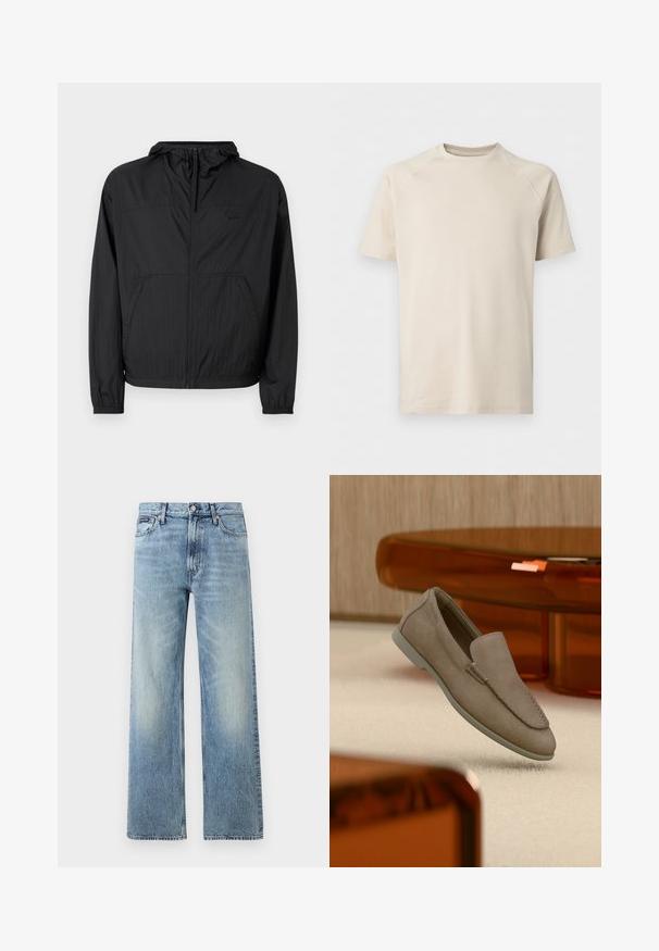 Sort letvægtsjakke med hætte, fuld lynlås, elastiske manchetter og sidelommer. Har et diskret logo på brystet. Tekstureret stof.; Beige kortærmet t-shirt med rund hals og raglanærmer, ensfarvet og lavet af glat stof.; Lyseblå denim jeans med lige ben, højt talje, fem lommer, knaplukning og diskrete falmede områder på lår og knæ.; Beige ruskind slip-on loafer med synlige syninger og lys sål, placeret over cremefarvet tæppe med orange gennemsigtigt møbel i baggrunden.