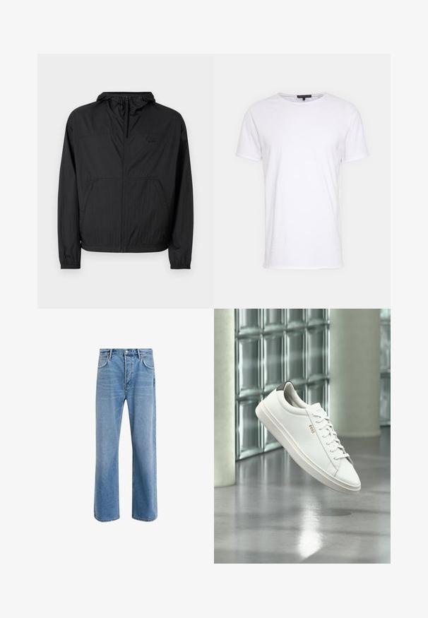 Sort letvægtsjakke med hætte, fuld lynlås, elastiske manchetter og sidelommer. Har et diskret logo på brystet. Tekstureret stof.; Hvid bomulds t-shirt med rund halsudskæring, korte ærmer og lige snit. Har en enkel, glat overflade uden yderligere mønstre.; Lyseblå denim jeans med lige ben-design, fem lommer, knaplukning, minimal falming og kontraststingdetaljer.; Hvid læder lav-top sneaker med snørebånd, sort hælflig og "BOSS"-logo, svævende indendørs nær glasblok væg og poleret gulv.