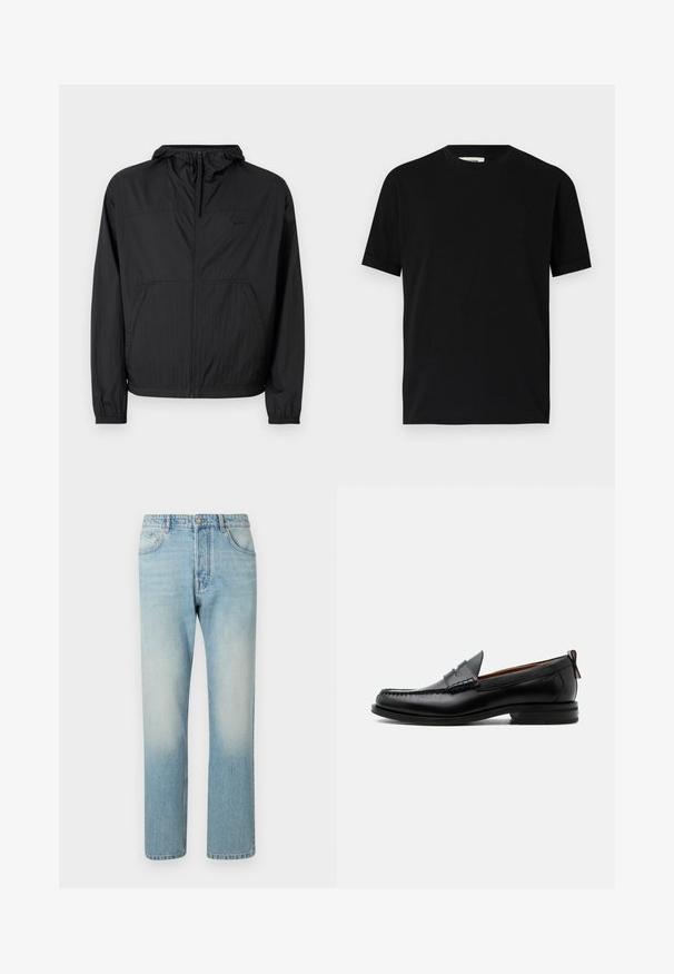 Sort letvægtsjakke med hætte, fuld lynlås, elastiske manchetter og sidelommer. Har et diskret logo på brystet. Tekstureret stof.; Sort kortærmet t-shirt lavet af bomuld med rund halsudskæring og løs pasform. Glat tekstur, ingen mønstre eller synlige logoer.; Lyseblå jeans lavet af denim, med et lige ben-design, fem lomme-struktur og falmet vaskeffekt ved lårene.; Sort læder herre loafer med moc-tå syning, penny strop, struktureret krave og lav stablet hæl på hvid baggrund.