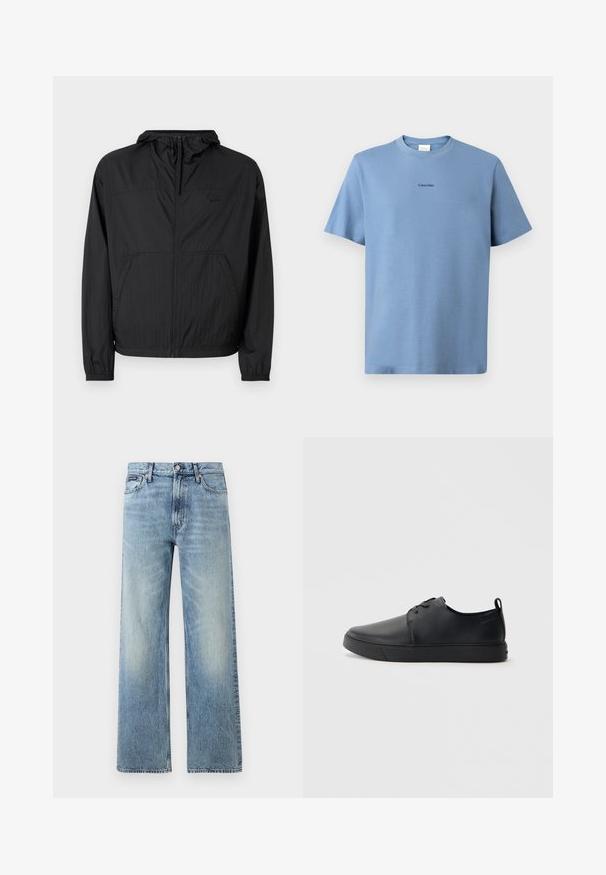 Chaqueta ligera negra con capucha, cremallera completa, puños elásticos y bolsillos laterales. Presenta un logotipo sutil en el pecho. Tejido texturizado.; Camiseta de algodón de color azul claro con mangas cortas, cuello redondo y sutil logotipo de "Calvin Klein" en negro en el pecho. Textura suave.; Vaqueros de mezclilla azul claro de corte recto con cintura alta, cinco bolsillos, cierre de botón y sutil desgaste en los muslos y las rodillas.; Zapatilla negra de cuero con acabado suave, punta redondeada, costuras a tono, cordones en la parte delantera y suela de goma plana. Asa en el talón.