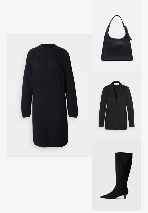 Zwarte blazer van zachte stof, met een enkele knoopsluiting, geknipte revers en twee voorzakken zonder versieringen.; Gebreide zwarte sweaterjurk met een hoge halslijn, lange raglanmouwen en een relaxte pasvorm, voorzien van ribbelstructuur over de hele jurk.; Zwarte kniehoogte laarzen van suède, met een spitse neus, lage kittenhak, gladde textuur en naadloos ontwerp met een strakke schacht.; Zwarte leren tote bag met een gladde textuur, ronde vorm en een enkele schouderband met een ronde gouden hardware accent.