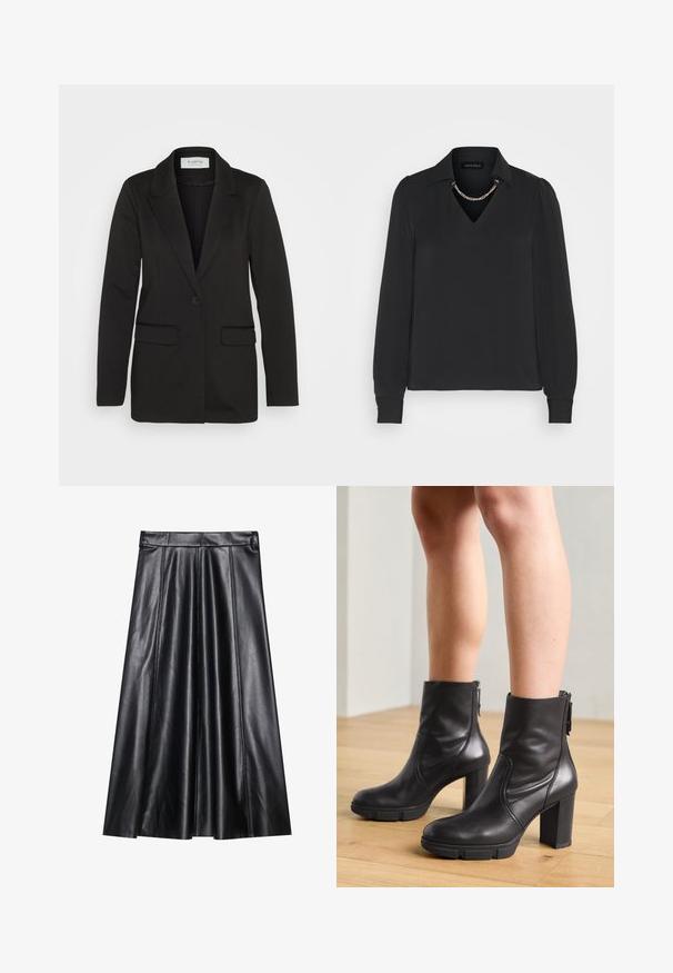 Zwarte blazer van zachte stof, met een enkele knoopsluiting, geknipte revers en twee voorzakken zonder versieringen.; Zwarte blouse met lange mouwen, een V-hals, kraag en opgeblazen mouwen. Voorzien van een kettingaccent bij de halslijn en een gladde stofstructuur.; Zwarte leren A-lijn rok met plooien, met een gladde textuur, aansluitende tailleband en zichtbare stiksels. Geen extra accenten.; Zwarte leren enkelboots met een stevige hak, een rits aan de zijkant en een gladde textuur, met een elegante uitstraling en minimale stiksels.