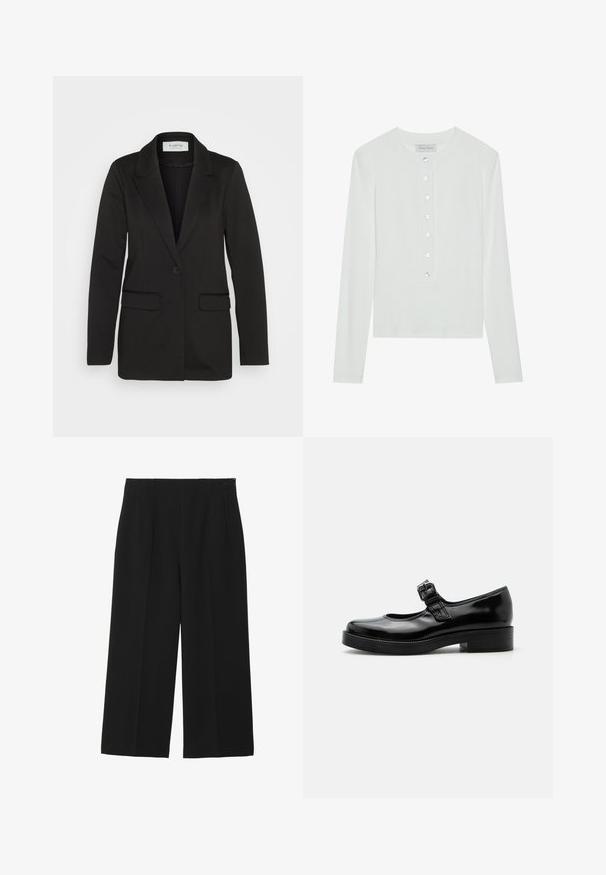Zwarte blazer van zachte stof, met een enkele knoopsluiting, geknipte revers en twee voorzakken zonder versieringen.; Witte lange mouwen top van ribstof, met een ronde halslijn en een knopenfront met zes doorzichtige knopen.; Zwarte wijde broek gemaakt van een gladde stof, met twee voorkruiszakken, een vlakke voorkant en een ritssluiting aan de zijkant.; Zwarte lakleren Mary Jane-schoen met een ronde neus, lage blokhak en een verstelbare gespsluiting over de wreef.