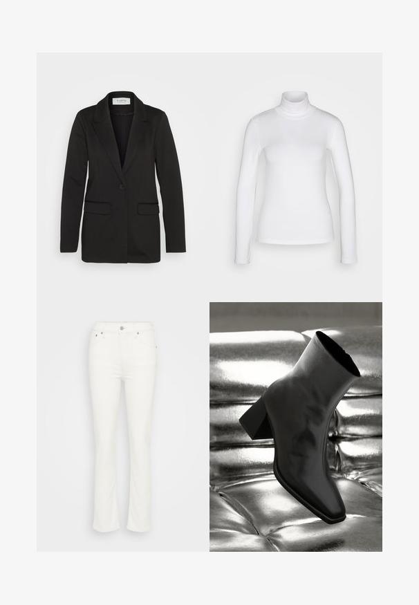 Zwarte blazer van zachte stof, met een enkele knoopsluiting, geknipte revers en twee voorzakken zonder versieringen.; Witte langemouwen turtle neck shirt van een soepel, rekbaar stof. Heeft een strakke pasvorm en een hoge kraag. Geen zichtbare patronen of accenten.; Witte denim flared jeans met een middelhoge taille, een sluiting met een knop aan de voorkant en minimale stikdetails, die een gladde textuur bieden.; Zwarte enkellaarsjes van glanzend materiaal met een vierkante neus en taps toelopende hak, afgezet tegen een glanzende zilveren gecapitonneerde achtergrond.