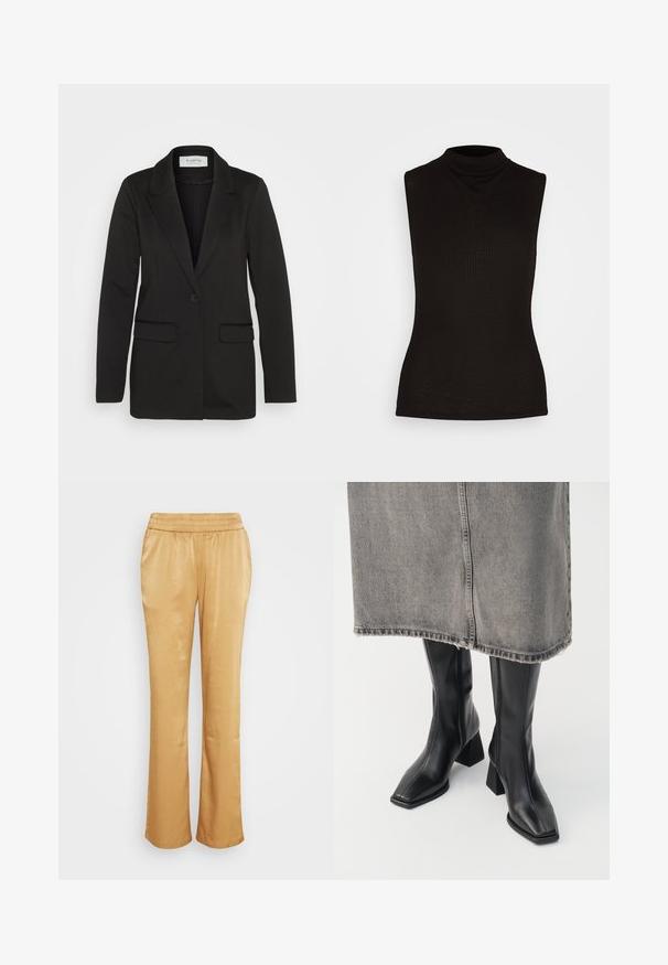 Zwarte blazer van zachte stof, met een enkele knoopsluiting, geknipte revers en twee voorzakken zonder versieringen.; Zwarte mouwloze coltop van ribbelstof, met een hoge hals en een aansluitende silhoët. Geen patronen of accenten.; Gouden, satijnen broek met een relaxte pasvorm, elastische tailleband, zijzakken en een uitlopende pijpdesign. Soepele textuur en subtiele glans.; Zwarte laarzen tot de knie van soepel leer met een vierkante neus en blokhak. Draag ze met een grijze denim rok met een rafelige zoom.