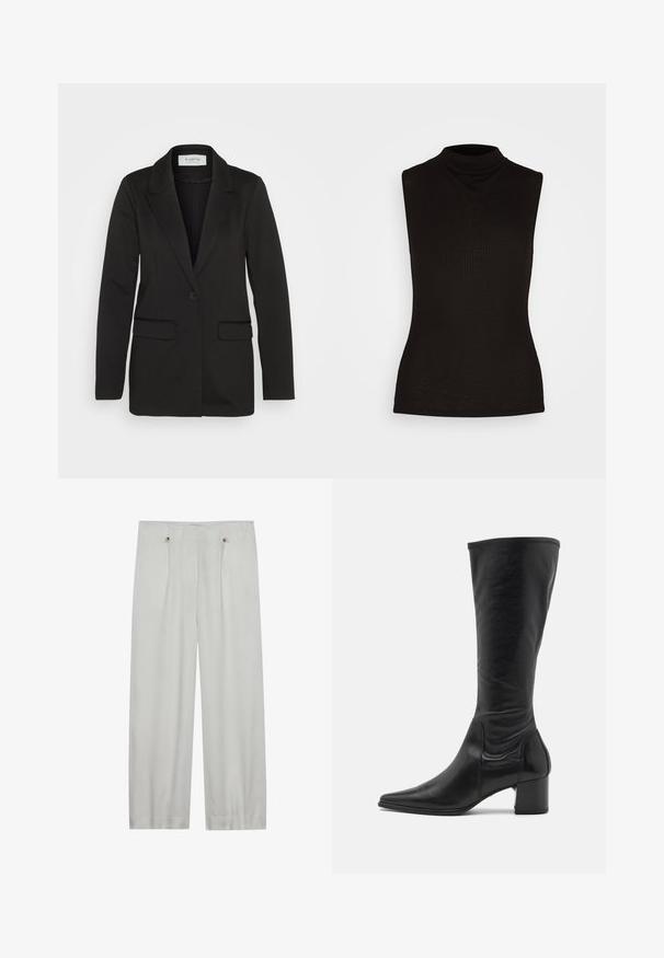 Blazer noir en tissu doux, avec une fermeture à bouton unique, des revers crantés et deux poches avant sans embellissements.; Haut sans manches noir à col roulé fabriqué en tissu côtelé, présentant un col haut et une silhouette ajustée. Pas de motifs ni d'accents.; Pantalons taille haute en gris clair, à jambes larges, fabriqués en tissu doux. Comprend deux plis avant, deux boutons de fermeture et une texture lisse.; Botte en cuir noire arrivant au genou avec un bout pointu, des détails de couture minimum et un talon carré épais. Texture lisse avec un fini brillant.