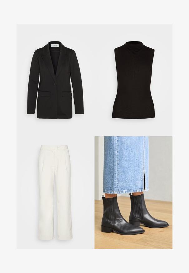 Zwarte blazer van zachte stof, met een enkele knoopsluiting, geknipte revers en twee voorzakken zonder versieringen.; Zwarte mouwloze coltop van ribbelstof, met een hoge hals en een aansluitende silhoët. Geen patronen of accenten.; Envii PANTS - Broek - oatmeal; Pavement SHANI - Lage laarzen - black