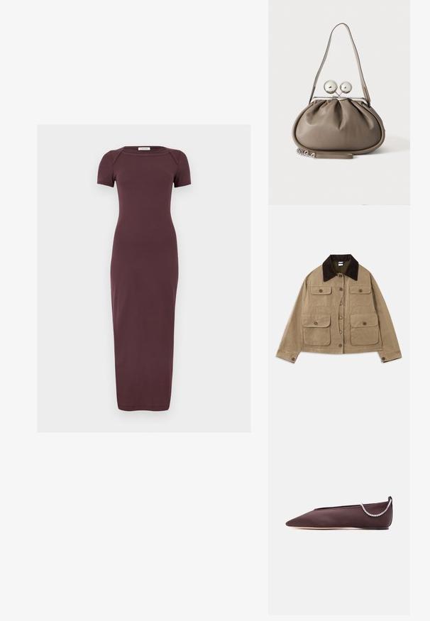 Beige katoenen jas met een donkere corduroy kraag, vier voorzakken, knoopsluiting en lange mouwen. Heeft een relaxte pasvorm.; Getailleerde, korte mouw, enkellange jurk in effen donkerbruin met een ronde halslijn en een gladde stoftextuur.; Donkerbruine platte schoen met puntige neus, lage hak en een zilveren rijglin met strassteentjes aan de achterkant.; Grijze leren handtas met afgeronde vorm, bovenste sluiting met twee grote zilveren bollen en een enkele schouderriem.
