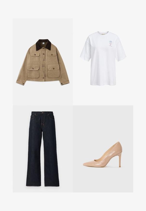 Chaqueta de algodón beige con un cuello de pana oscuro, cuatro bolsillos delanteros, cierre de botones y mangas largas. Presenta un ajuste relajado.; Camiseta blanca extragrande con mangas cortas, con un pequeño gráfico de langosta azul y roja y texto en la parte superior izquierda del pecho.; Jeans de corte ancho en azul oscuro, fabricados en denim, con costuras naranjas, dos bolsillos frontales y un cierre de botón en la cintura.; Zapato de tacón alto de cuero beige con punta afilada y tacón stiletto delgado sobre un fondo blanco liso.