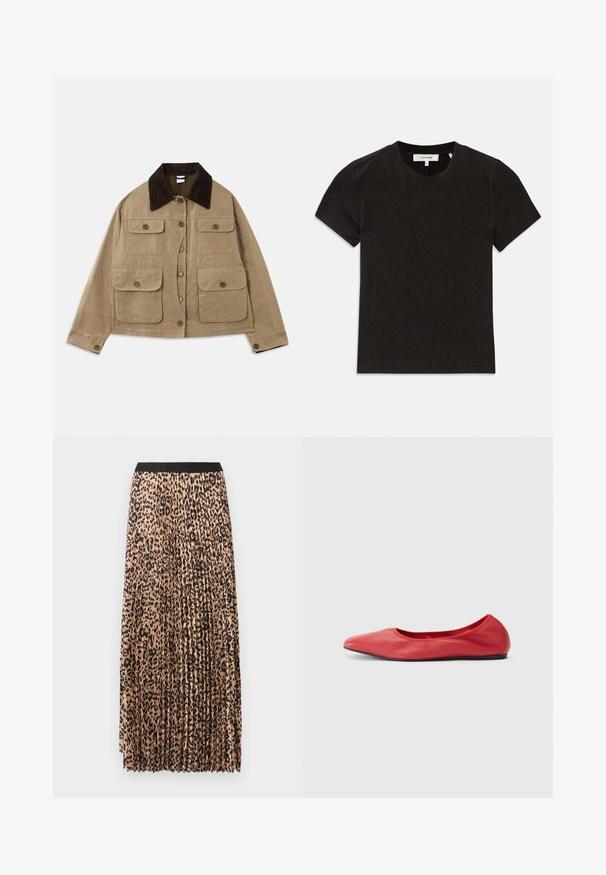 Beige katoenen jas met een donkere corduroy kraag, vier voorzakken, knoopsluiting en lange mouwen. Heeft een relaxte pasvorm.; Zwarte t-shirt met korte mouwen van ribgebreid materiaal, voorzien van een ronde halslijn en zichtbaar merklabel op de kraag.; Plissé maxirok in beige met zwarte luipaardprint. Voorzien van een zwarte tailleband, zachte textuur en vloeiend ontwerp.; Filippa K REY FLATS - Ballerina's - bright red