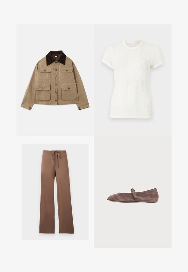 Beige katoenen jas met een donkere corduroy kraag, vier voorzakken, knoopsluiting en lange mouwen. Heeft een relaxte pasvorm.; Witte, geribbelde, korte mouw T-shirt met ronde halslijn en licht opgeblazen mouwen.; Bruine wijde broek met trekkoord in de taille, zonder zichtbare patronen of logo's, plat uitgestald op een lichte achtergrond.; Bruine suède platte Mary Jane-schoen met een puntige neus en een kleine gouden gesp op het bandje tegen een effen lichte achtergrond.