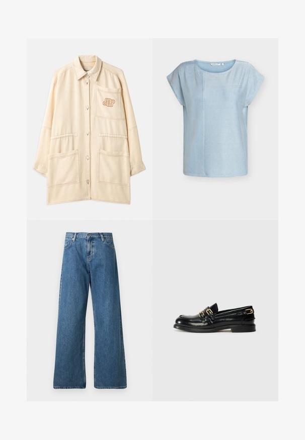 Veste oversize beige en coton avec fermeture à bouton, deux grandes poches avant et un logo brodé sur la poche poitrine.; Haut décontracté bleu clair à manches courtes avec de fines rayures verticales et horizontales et un col rond, taille small.; Jean en denim à jambes larges de couleur bleu moyen. Fabriqué en coton, il présente un design traditionnel à cinq poches et une fermeture à bouton, avec un ourlet brut.; Mocassins en cuir noir avec une finition brillante, dotés de deux boucles dorées et d'un talon bas. Texture lisse avec un design à bout arrondi.
