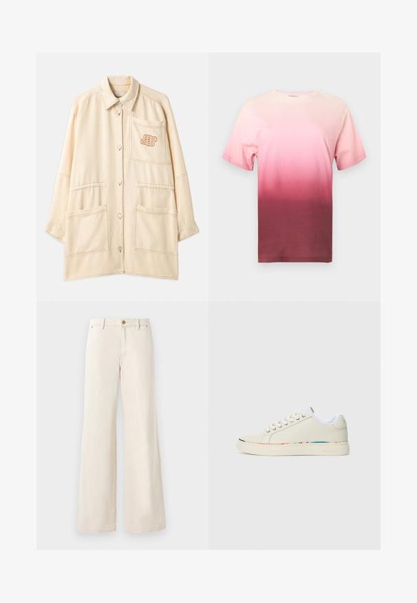 Veste oversize beige en coton avec fermeture à bouton, deux grandes poches avant et un logo brodé sur la poche poitrine.; T-shirt à manches courtes avec un dégradé passant du rose clair au bordeaux profond. Confectionné en tissu doux avec un col rond.; Pantalons larges beiges en coton avec une texture lisse. Comprend une fermeture à bouton, des poches avant et un design de taille classique.; Baskets basses blanc cassé avec un système de laçage, doublure intérieure blanche et un liseré multicolore subtil le long du bord de la semelle, vue de côté.