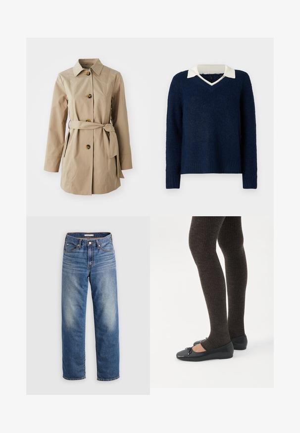Beige trenchcoat med krave, lange ærmer, tre store knapper, sidelommer og et stofbælte i taljen.; Mørkeblå sweater med en tekstureret overflade, V-hals og en kontrasterende hvid krave. Har lange ærmer og en afslappet pasform.; Lyseblå denimjeans med lige ben, der har knapgylp, forlommer og let falmede områder ved låret.; Ben iført mørke ribbede leggings kombineret med sorte balletsko med små sløjfedetaljer på hvid baggrund.